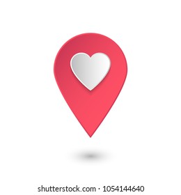 Location icon with heart, pink 3d vector pointer with like 