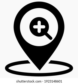 Icono de ubicación y lupa. Icono de mapa de zoom. Icono de búsqueda de ubicación. Gráficos vectoriales.