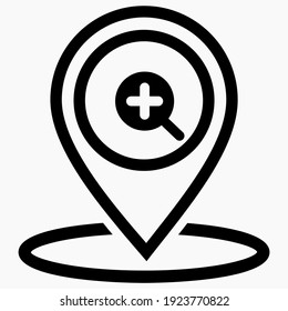 Location icon and magnifier. Zoom map icon. Location search icon. Vector graphics.
