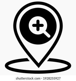 Location icon and magnifier. Zoom map icon. Location search icon. Vector graphics.