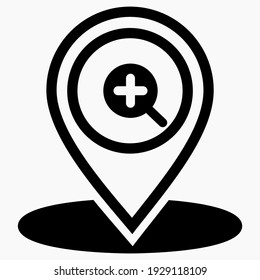 Location icon and magnifier. Zoom map icon. Location search icon. Vector graphics.