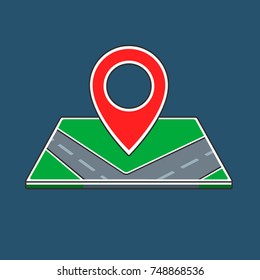 Location icon with a map in color. Red marker with road and green places. Isometric and 3d pin pointer concept. Vector design. Illustration for web-sites. Navigation element