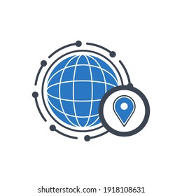 Location icon. Map, home, office location icon. Travel tracking, road map, shop location icon in vector illustration, two color, circle background, black shape.