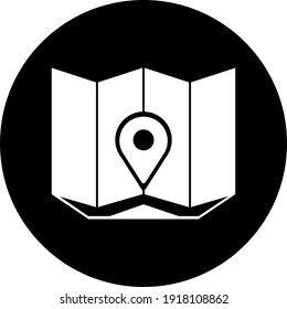 Location icon. Map, home, office location icon. Travel tracking, road map, shop location icon in vector illustration, two color, circle background, black shape.