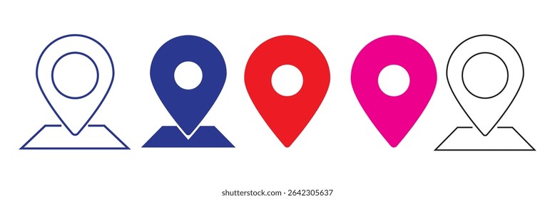location icon, map pin icons in outline, black, and red styles. for maps, GPS, navigation apps, location markers, address indications icon set