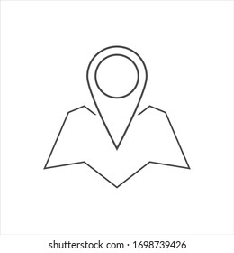 Location icon. Map with map pin, locator, geolocation, navigation concepts. Stroke, outline, linear, line style. Vector thin line icon