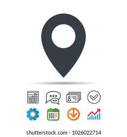 Location icon. Map pointer symbol. Statistics chart, chat speech bubble and contacts signs. Check web icon. Vector