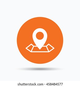 Location icon. Map pointer symbol. Orange circle button with flat web icon. Vector