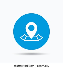 Location icon. Map pointer symbol. Blue circle button with flat web icon. Vector