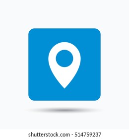 Location icon. Map pointer symbol. Blue square button with flat web icon. Vector