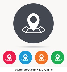 Location icon. Map pointer symbol. Colored circle buttons with flat web icon. Vector