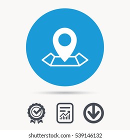 Location icon. Map pointer symbol. Achievement check, download and report file signs. Circle button with web icon. Vector