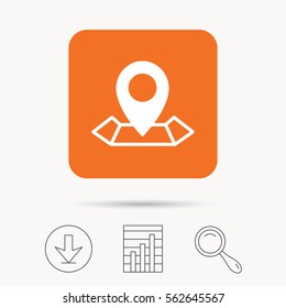 Location icon. Map pointer symbol. Report chart, download and magnifier search signs. Orange square button with web icon. Vector