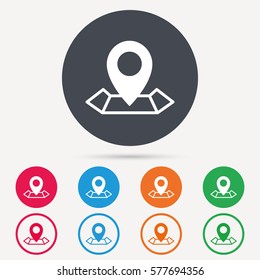 Location icon. Map pointer symbol. Round circle buttons. Colored flat web icons. Vector