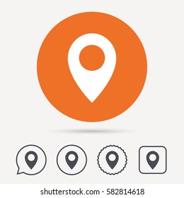 Location icon. Map pointer symbol. Circle, speech bubble and star buttons. Flat web icons. Vector