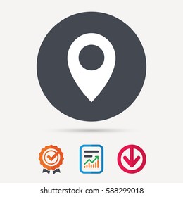 Location Icon. Map Pointer Symbol. Report Document, Award Medal With Tick And New Tag Signs. Colored Flat Web Icons. Vector