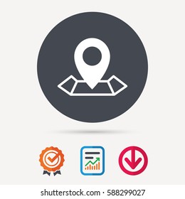Location icon. Map pointer symbol. Report document, award medal with tick and new tag signs. Colored flat web icons. Vector