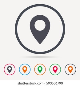 Location icon. Map pointer symbol. Round circle buttons. Colored flat web icons. Vector