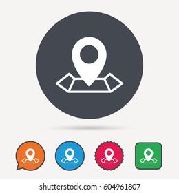 Location icon. Map pointer symbol. Circle, speech bubble and star buttons. Flat web icons. Vector