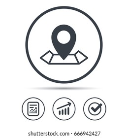Location icon. Map pointer symbol. Report document, Graph chart and Check signs. Circle web buttons. Vector
