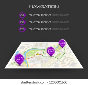 Location icon map. Road infographic color pin pointer. City map navigation route, vector simple city GPS navigation, itinerary destination arrow paper city map. Route delivery check point infographic