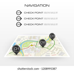 Location icon map. Road infographic color pin pointer. City map navigation route, vector simple city GPS navigation, itinerary destination arrow paper city map. Route delivery check point infographic