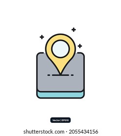 Icono de ubicación. Icono de mensajería y comunicación.  Contiene iconos como Reunión, Llamada de conferencia, Acuerdo, Chat y más.