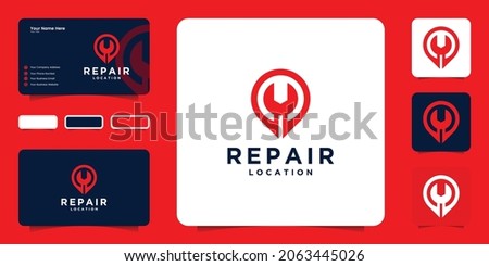 location icon with negative space repair equipment logo and business card design