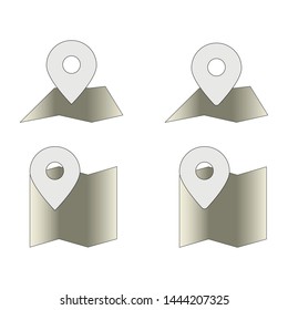 Location icon on a flat horizontal map, on a map that is folded and placed horizontally and the map that is placed vertically