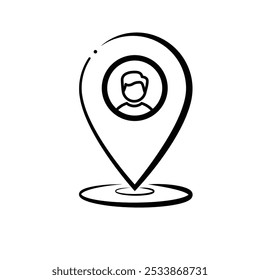 location icon. Location pin and male avatar. outline design style. Travel, navigation, destination, delivery, target pictograms. Road map sign. vector template design