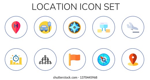 location icon set. 10 flat location icons.  Simple modern icons about  - mortgage, parking, networking, compass, flag, land