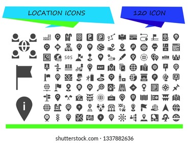 location icon set. 120 filled location icons.  Simple modern icons about  - Network, Placeholder, Flag, Swimming pool, Pin, Gps, Parking, Route, Area, Card, Flags, Location, Road sign