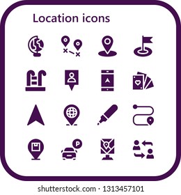 location icon set. 16 filled location icons.  Collection Of - Earth globe, Destination, Location, Flag, Swimming pool, Gps, Navigation, Cards, Marker, Route, Placeholder, Parking