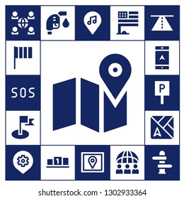  location icon set. 17 filled location icons.  Simple modern icons about  - Network, Flag, Sos, Map, Navigation, Parking, Place, Gas fuel, Position, Location, Gps, Worldwide, Road
