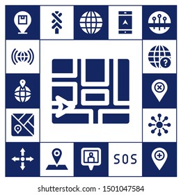 location icon set. 17 filled location icons.  Simple modern icons about  - Placeholder, Worldwide, Map, Earth globe, Networking, Directions, Road sign, Location pin, Navigation