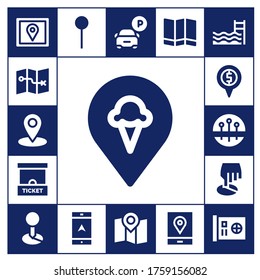 location icon set. 17 filled location icons.  Simple modern icons such as: Gps, Map, Location, Pin, Ticket office, Placeholder, Pins, Position, Navigation, Parking, Swimming pool