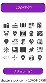 location icon set. 25 filled location icons.  Simple modern icons about  - Map, Swimming pool, Shopping online, Gps, Filter, Placeholder, Parking, Pin, Position, Earth globe, Networking