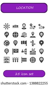 location icon set. 25 filled location icons.  Collection Of - Network, Position, Placeholder, Direction, Track, Location, Worldwide, Earth globe, Flag, Swimming pool, Pin, Parkings