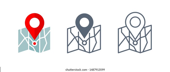 Location icon set in 3 variations - geo pin GPS pointer marker on flat map - isolated icons or logo for tourism, travel