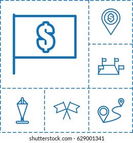 Location icon. set of 6 location outline icons such as distance, flag, flag with dollar, dollar location