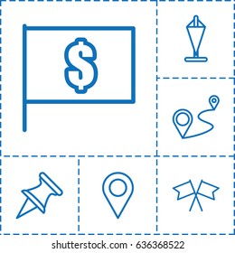 Location icon. set of 6 location outline icons such as distance, flag, location, flag with dollar