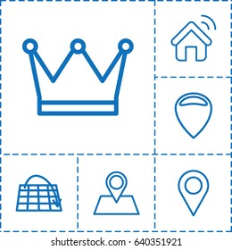 Location icon. set of 6 location outline icons such as house signal, crown