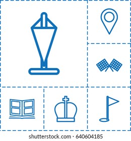 Location icon. set of 6 location outline icons such as photo album, location pin, finish flag, gold flag, flag