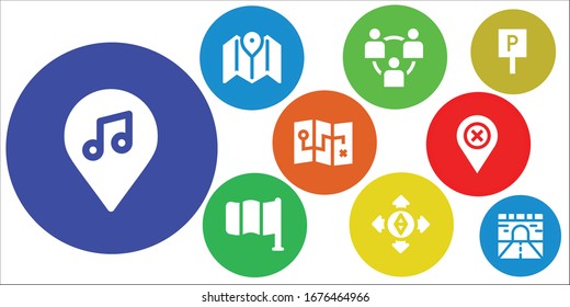 conjunto de iconos de ubicación. 9 iconos de ubicación rellenos. Ubicación, Mapa, Red, Indicador, Destino, Marcador de posición, Estacionamiento, Iconos de carretera incluidos