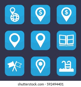 location icon. Set of 9 filled location icons such as pin on globe, flag, photo album
