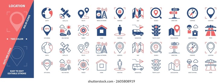 Location icon set. Address, Traffic Light, Route, Car Navigation, Compass, Satellite, Earth, Direction. Duotone color solid and editable outline icons