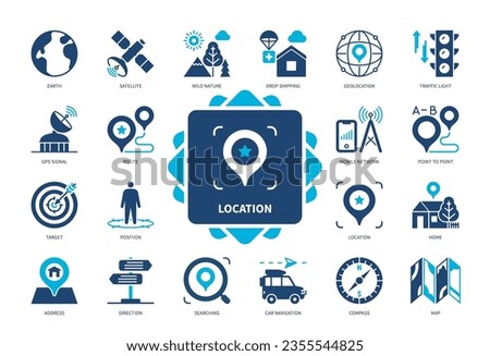 Location icon set. Address, Traffic Light, Route, Car Navigation, Compass, Satellite, Earth, Direction. Duotone color solid icons