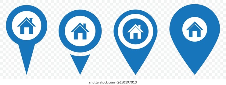 Location icon set. Blue Flat icon set of location and map pins. Map pin place marker. Location pointer icon symbol in flat style. Position symbol. Point illustration sign collection. EPS 10.