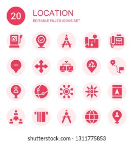 location icon set. Collection of 20 filled location icons included Fuel, Placeholder, Compass, Map, Fax, Location, Direction, Network, Pin, Navigation, Gps, Card