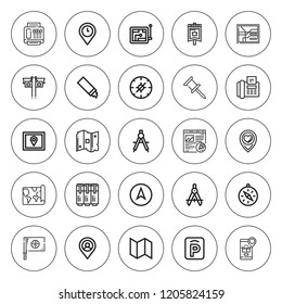 Location icon set. collection of 25 outline location icons with compass, fax, flag, gps, map, highlighter, markers, navigation, pin, parking icons. editable icons.